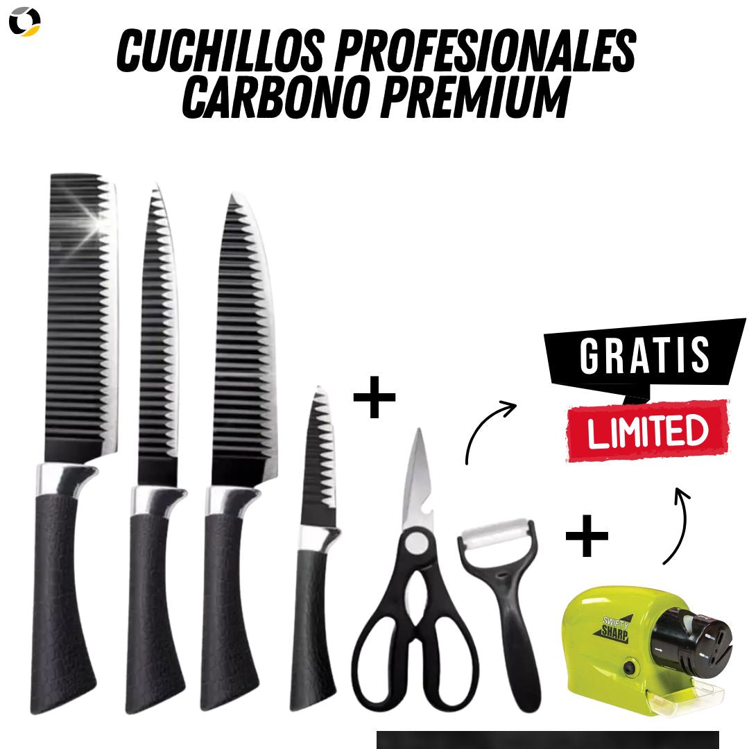 Juego de Cuchillos Profesionales Carbono Premium + Pelador + Tijera + Afilador Electrico Gratis - ¡Oferta Limitada!