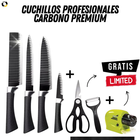 Juego de Cuchillos Profesionales Carbono Premium + Pelador + Tijera + Afilador Electrico Gratis - ¡Oferta Limitada!