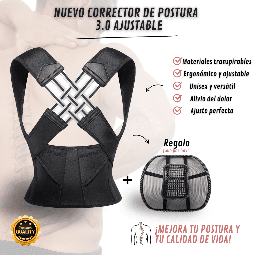 Nuevo Corrector de Postura 3.0 Ajustable + Espaldar Lumbar de Regalo - ¡Solo por hoy!